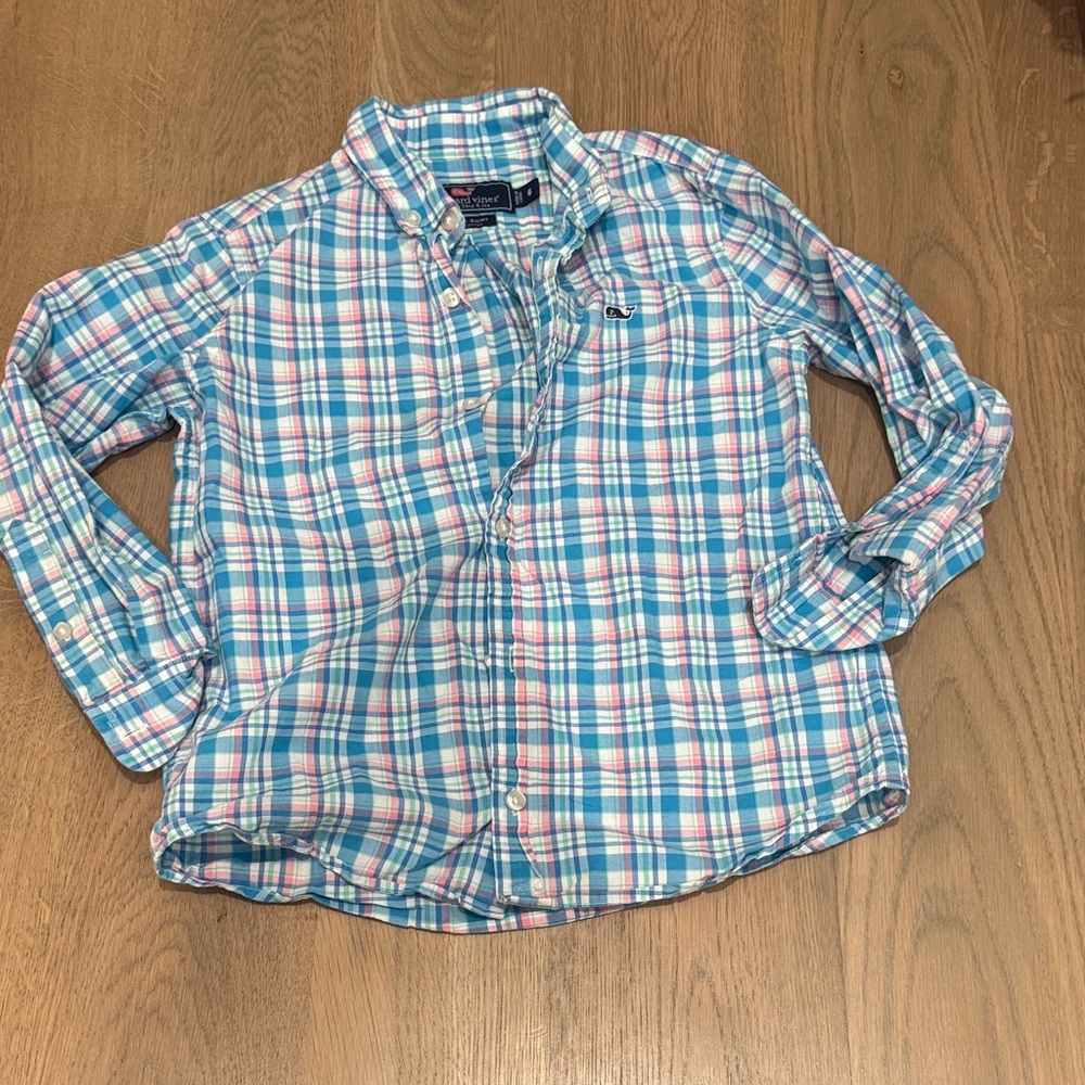 Vineyard Vines Kids Plaid Button-Down Shirt in Blue and Pink